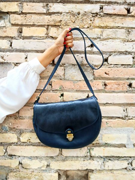 Bolso Vintage Años 90 de Piel Azul Marino Oscuro y Cierre Dorado