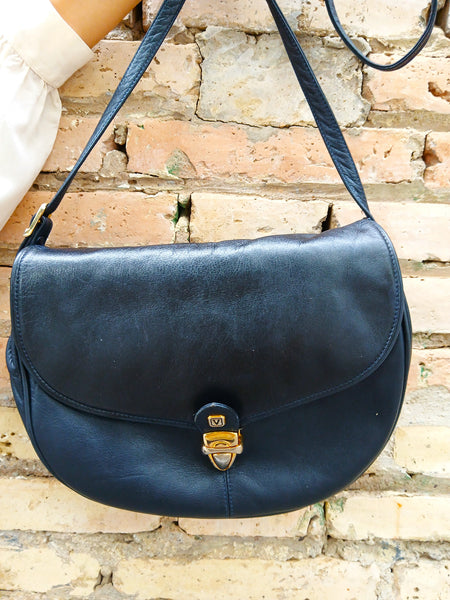 Bolso Vintage Años 90 de Piel Azul Marino Oscuro y Cierre Dorado