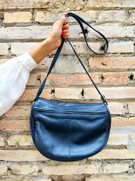 Bolso Vintage Años 90 de Piel Azul Marino Oscuro y Cierre Dorado