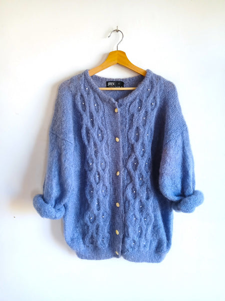Chaqueta Vintage 85% Mohair Azul con Diseño de Ochos - Talla L