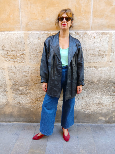 Chaqueta Vintage 80s/90s de Piel Negra Hecha en España - Talla M/L