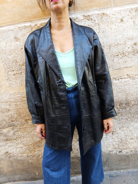 Chaqueta Vintage 80s/90s de Piel Negra Hecha en España - Talla M/L