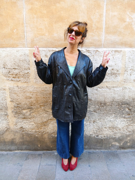 Chaqueta Vintage 80s/90s de Piel Negra Hecha en España - Talla M/L