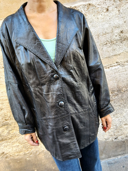 Chaqueta Vintage 80s/90s de Piel Negra Hecha en España - Talla M/L