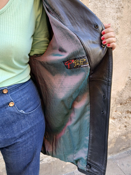 Chaqueta Vintage de Piel Negra 90s Hecha en España - Talla M/L