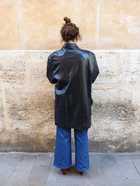 Chaqueta Vintage de Piel Negra 90s Hecha en España - Talla M/L