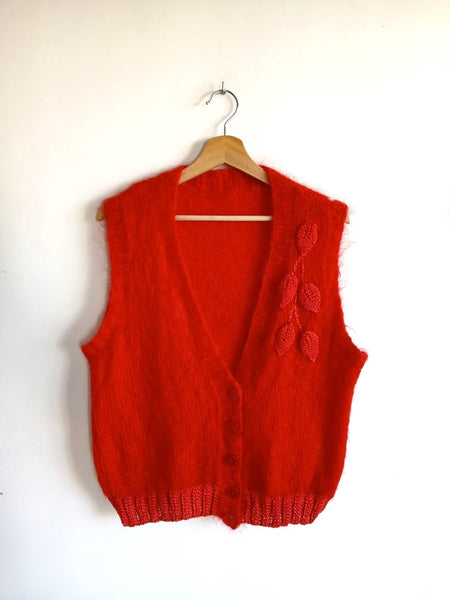 Chaleco Vintage Hecho a Mano Rojo Mohair - Talla M