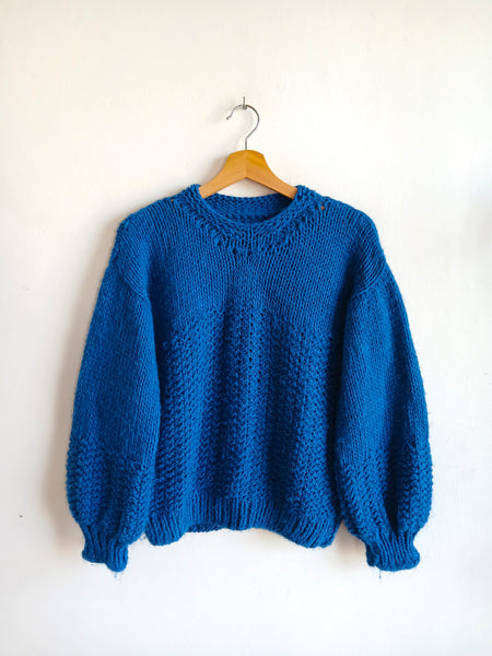 Jersey Vintage Hecho a Mano de Punto Grueso Azul Eléctrico - Talla S