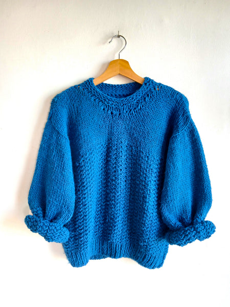 Jersey Vintage Hecho a Mano de Punto Grueso Azul Eléctrico - Talla S