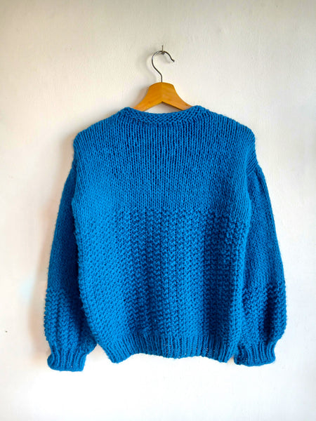 Jersey Vintage Hecho a Mano de Punto Grueso Azul Eléctrico - Talla S