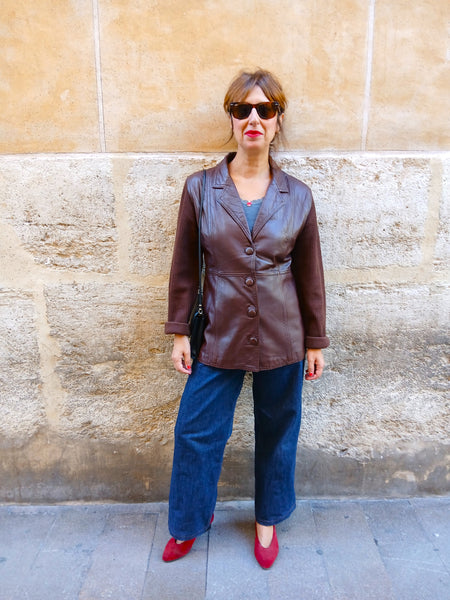 Chaqueta Vintage Cuero y Punto MARÍA LUISA NAVARRO 90s Made in Spain Marrón Chocolate - Talla S/M
