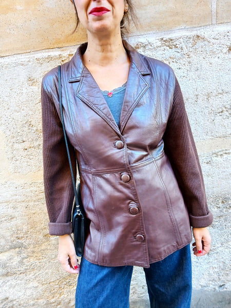Chaqueta Vintage Cuero y Punto MARÍA LUISA NAVARRO 90s Made in Spain Marrón Chocolate - Talla S/M