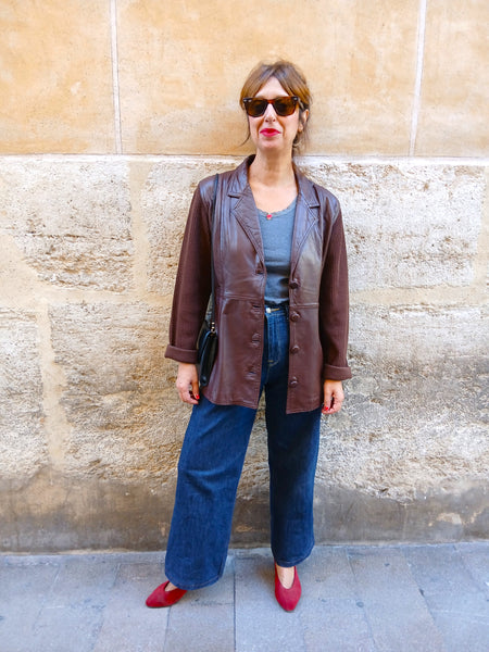 Chaqueta Vintage Cuero y Punto MARÍA LUISA NAVARRO 90s Made in Spain Marrón Chocolate - Talla S/M