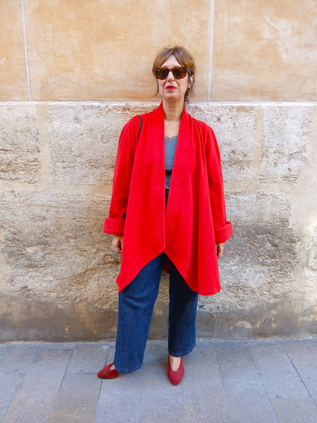Abrigo Vintage INGRID'S West Germany 80s 50% Cachemira 40% Lana Virgen Rojo Vibrante - Talla M/L