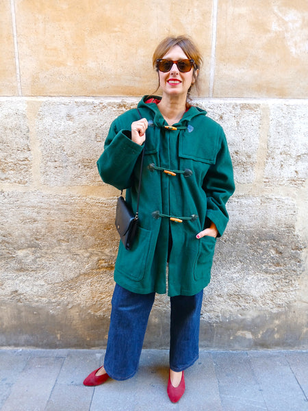 Abrigo Trenca Vintage Verde Años 80/90 con Capucha - Talla M/L
