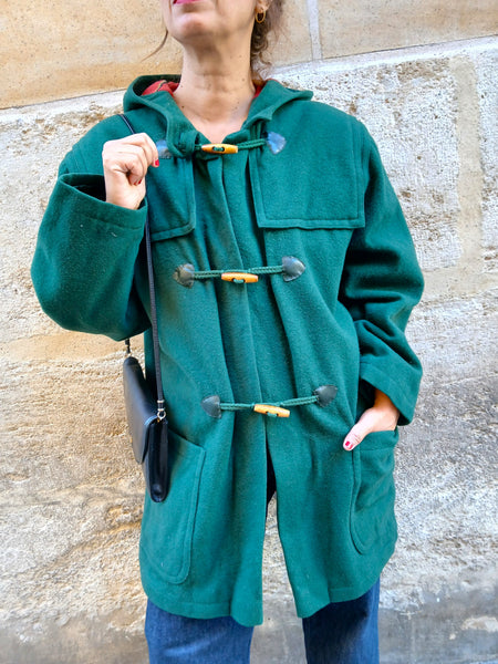 Abrigo Trenca Vintage Verde Años 80/90 con Capucha - Talla M/L