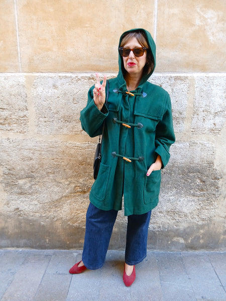Abrigo Trenca Vintage Verde Años 80/90 con Capucha - Talla M/L