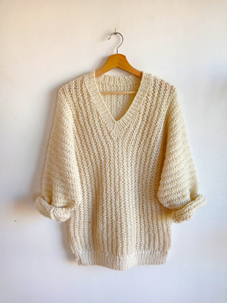 Jersey Vintage Hecho a Mano Punto Grueso Cuello V - Talla L